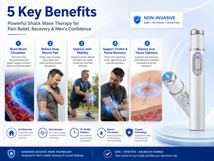 Advanced sonic shock therapy restores penile tissue health, enhances erectile hardness, stamina, and male sexual confidence, and relieves muscle pain, joint stiffness, and tendon discomfort.