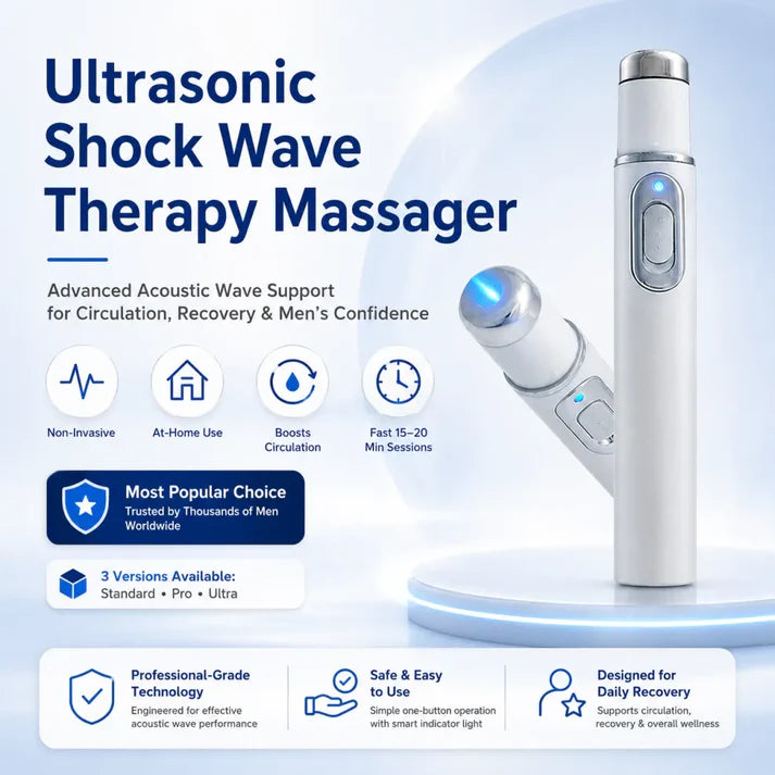 Advanced sonic shock therapy restores penile tissue health, enhances erectile hardness, stamina, and male sexual confidence, and relieves muscle pain, joint stiffness, and tendon discomfort.