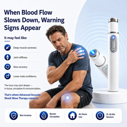 Advanced sonic shock therapy restores penile tissue health, enhances erectile hardness, stamina, and male sexual confidence, and relieves muscle pain, joint stiffness, and tendon discomfort.